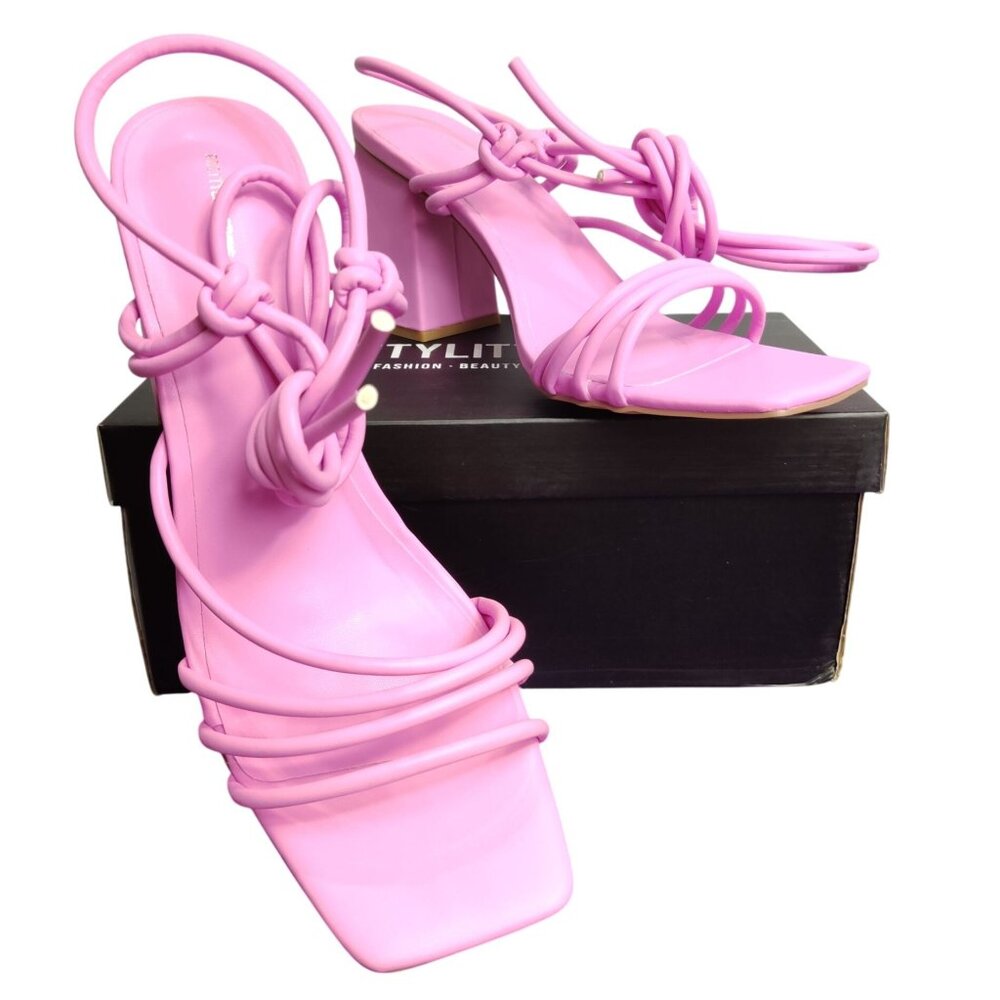 PrettyLittleThing Womens Sandals Strappy Lace Up Chunky Block Heel Pink Sz 8 39